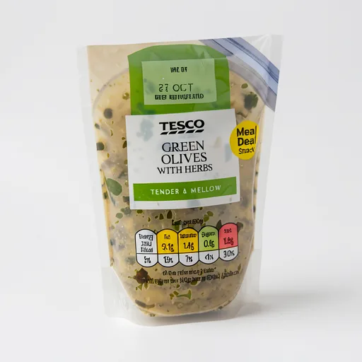 Tesco Green Olives With Herbs 60G