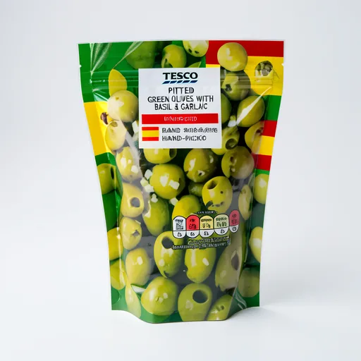 Tesco Pitted Green Olives Basil&Garlic 70G