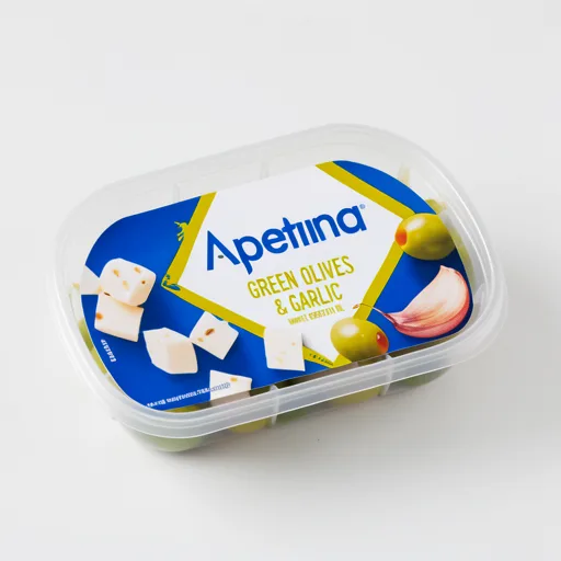 Apetina Green Olives & Garlic White Cheese Cubes 100g